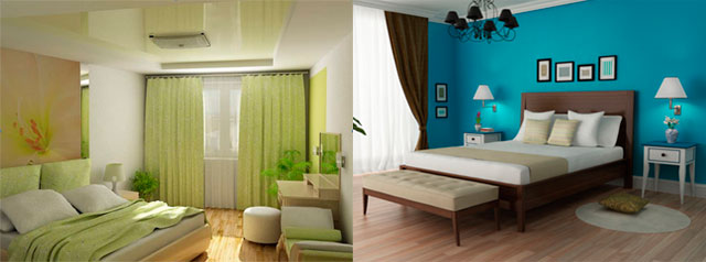 холодные цвета спальни: зеленый, синий