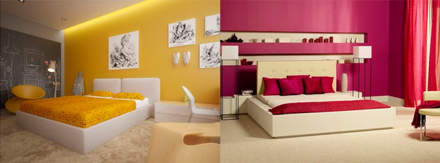 теплые цвета спальни: желтый или розовый