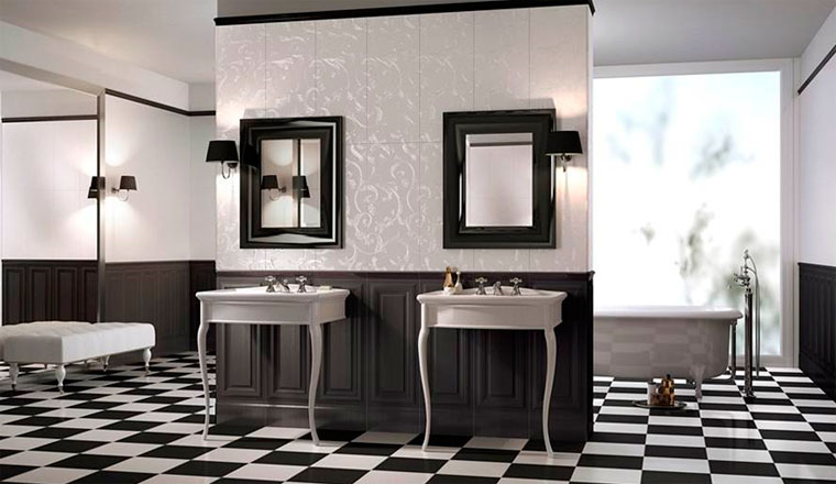Интерьер ванной с черным полом в виде шахматной доски – фото