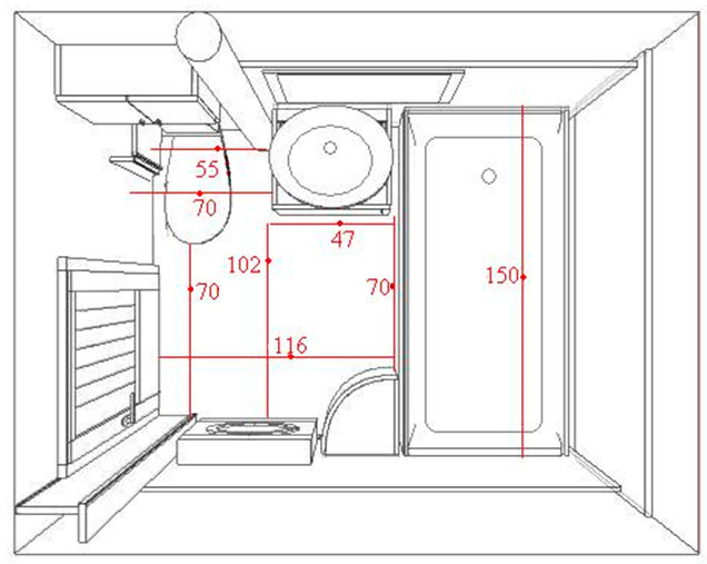 План ванной комнаты с размерами 130 х 280 см или площадью 2,8 м.кв