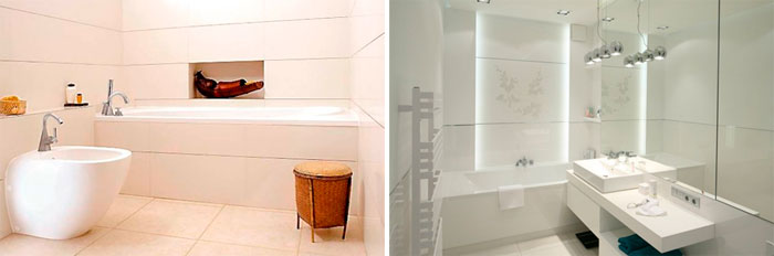 Дизайн ванной комнаты c белой плиткой от пола до потолка