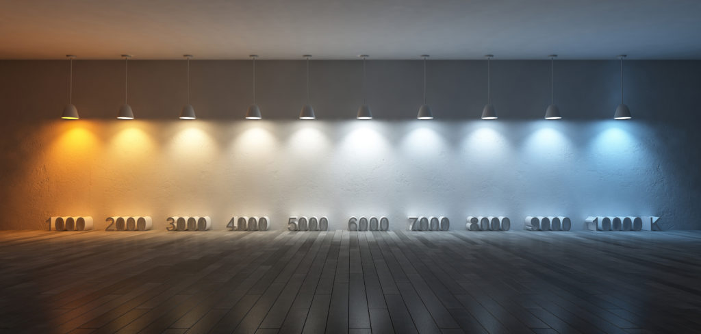 3Ds rendered image of 10 hanging lamps which use different bulbs. Color temperature scale. spectrum color on the cracked concrete wall and wooden floor