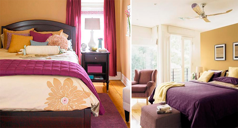 Сочетание цветов в интерьере спальни – фиолетовый и сиреневый с желтым, фото