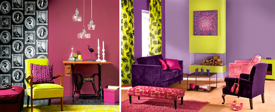 Сочетание цветов в интерьере спальни – фиолетовый и сиреневый с желтым, фото