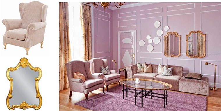 Сочетание фиолетового цвета в интерьере гостиной с золотым